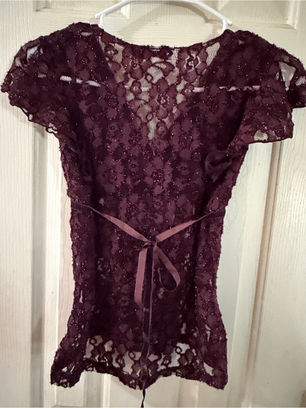 Short-Sleeve Lace Overlay Blouse in Deep Burgundy